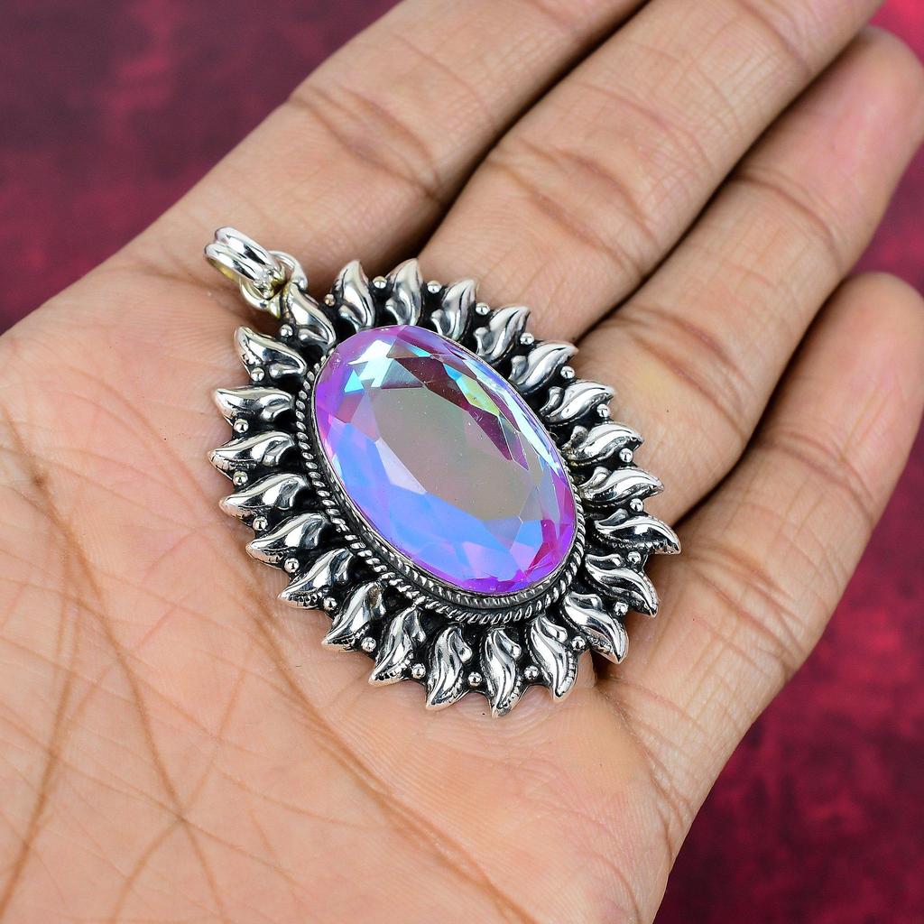 Pink Mystic Topaz 925 Solid Sterling Silver Pendant, Handmade Gemstone Pendant Jewelry, Gifts For Wife Brand New Pendant