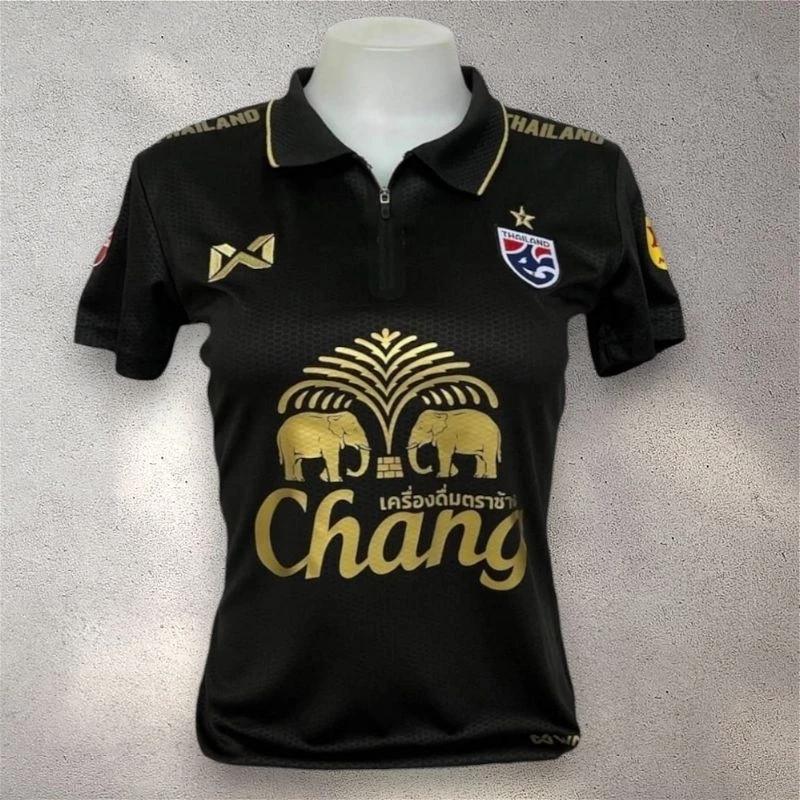 Damen Thailand National Football Soccer Training JERSEY CHEER Fan Print Zip Vintage Retro Quick Dry Polo Shirt Kurzarm Elefanten Logo