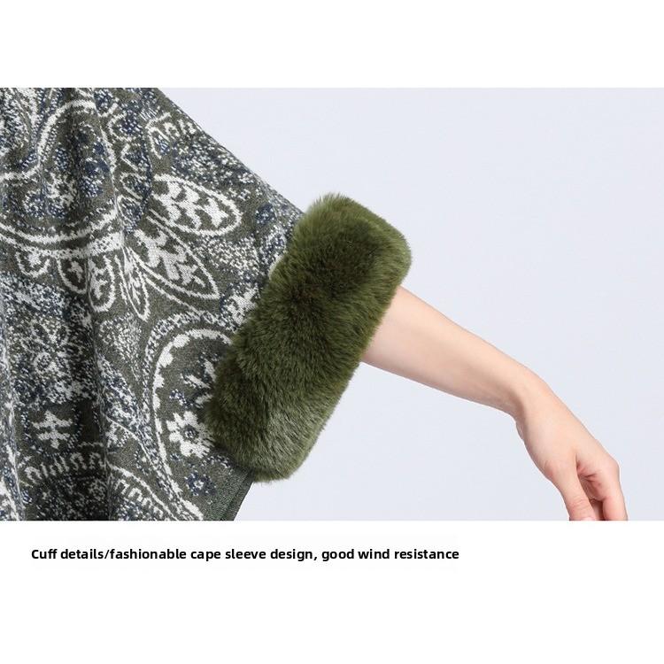GMXIA Autumn and Winter Imitation Rex Rabbit Fur Collar Jacquard Shawl Cape Plus-size Woolen Coat Cardigan for Women