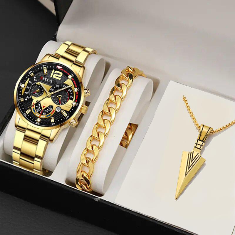 3pcs/set, Fashion Men's Business Stainless Steel Strap Quartz Watch & Bracelet Necklace Set, Ideal Choice for Gifts