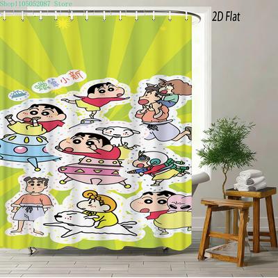 Crayon Shin-Chan Ufo & Shiro 2D Print Waterproof Shower Curtain, Green Anime Bathroom Decor With Hooks