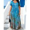Abstracte Print Maxi Jurk met Korte Mouwen voor Plus Size, Ronde Hals Losse Casual Zomerjurk met Zijzakken, Zomerstrand Vakantiejurk