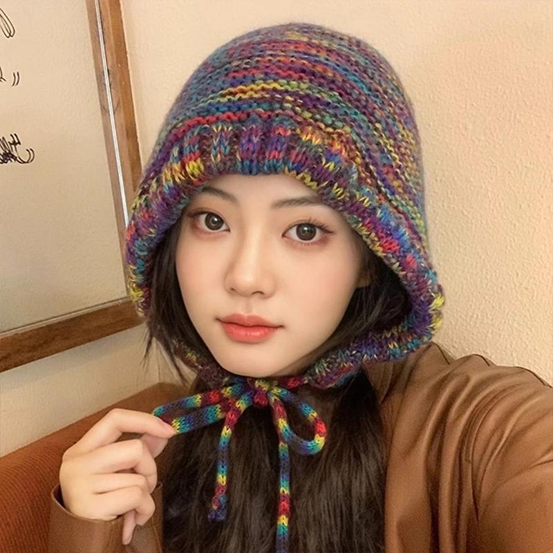New Rainbow Striped Knitting Wool Beanie Hat Women Girl Winter Warm Crochet Ear Protection Cap Korean Ski Snow Windproof Bonnet