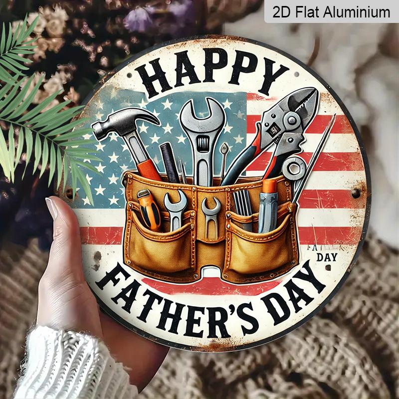 2D Flat, 1pc Vintage Father's Day Metal Aluminum Sign - "Happy Father's Day" with Tool Bucket & American Flag Design, Ideal Wall Decor for Home, Bar