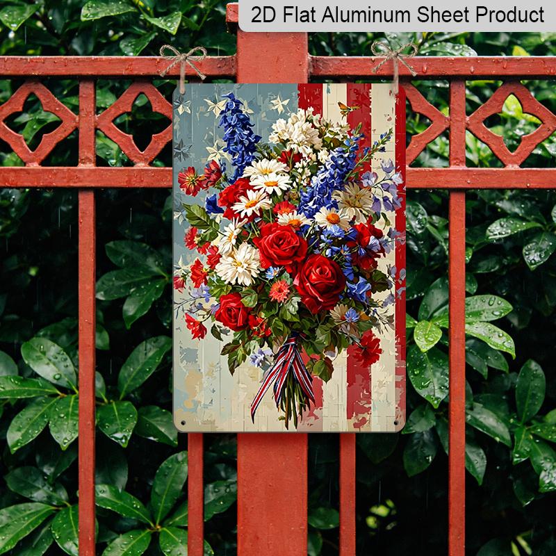 2D Flat - 1pc Decorative Aluminum Sign | 8*12 Inch Patriotic Floral Welcome Metal Sign, Vintage Distressed American Flag Design, Durable Aluminum