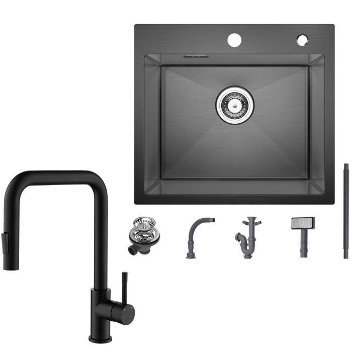 50x45cm EVIER DE CUISINE Inox Noir anthracite+mitigeur extractible
