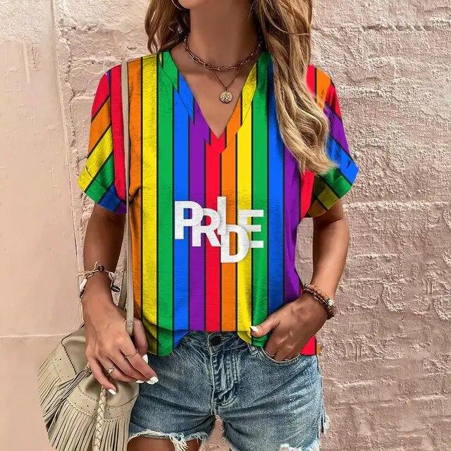 Women'S T-Shirt 3d Rainbow Color Print Tops Tees Fashion Casual V-Neck Pride Month Clothing Summer Lady Oversized Pullovers