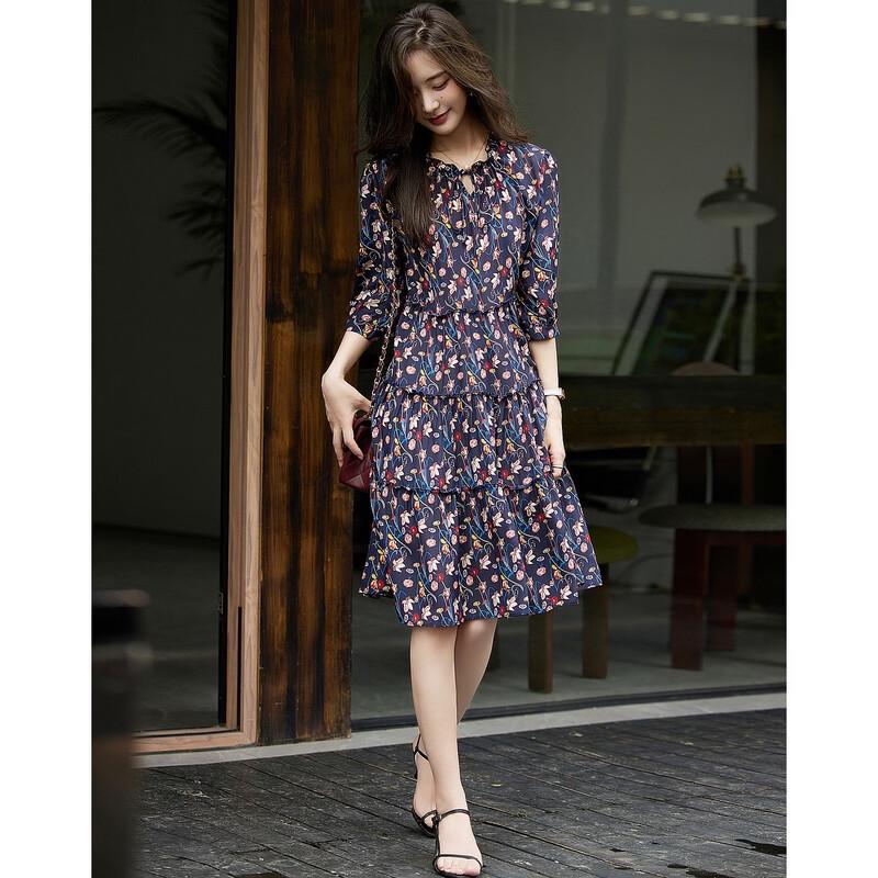 Demana Timeless Bloom 100% Silk Floral Tie-Neck A-Line Dress