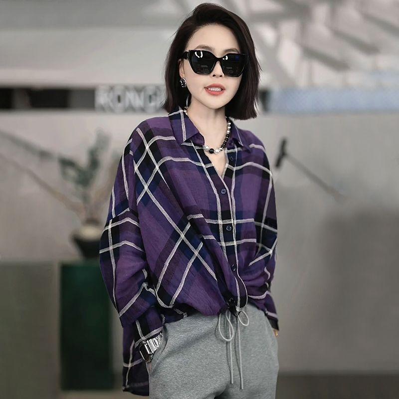 Retro High-end Plaid Casual Lazy Style Shirt for Women Autumn Commuting Versatile Polo Collar Long-sleeved Shirt