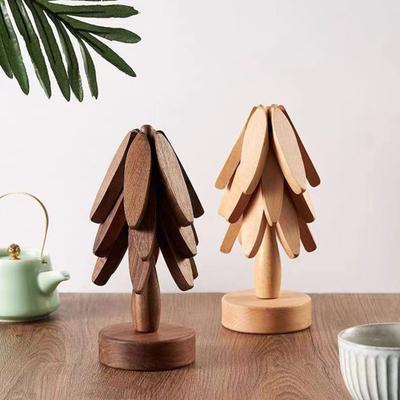1 Set Christmas Tree Coaster with Base 3 Layers Tree Shape Wooden Trivet Anti-scald Heat Resistant Countertop Pot Pan Coffee Tea Cup Holder