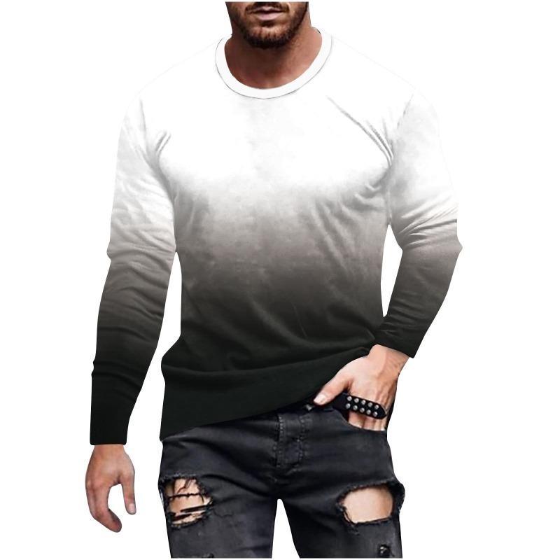 European and American Fashion Gradient Printed Casual Long Sleeved T-shirt O Neck Oversized Pullovers Tees Tops Men's Clothing