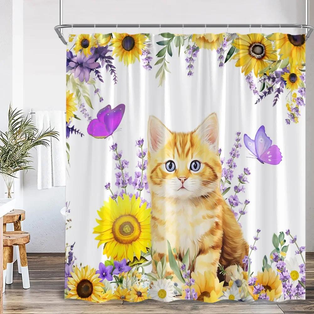 Cute Cat Shower Curtain Flower Cartoon Animal Sunflower Plant Floral Bathroom Home Decor Modern Polyester Bath Curtain with Hook