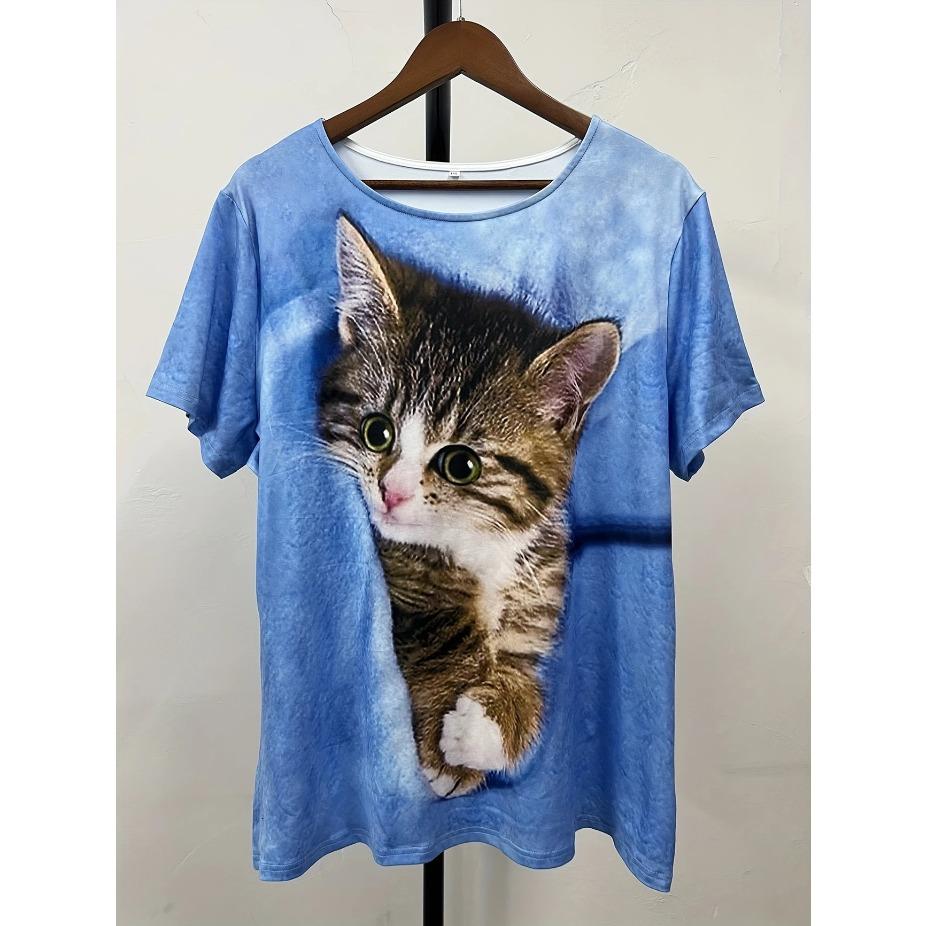 3D Katzenprint Freizeit-T-Shirt Damen Lässiges Kurzarm-Rundhals-T-Shirt mit 3D-Katzenprint, Modisches Oberteil für den täglichen Gebrauch