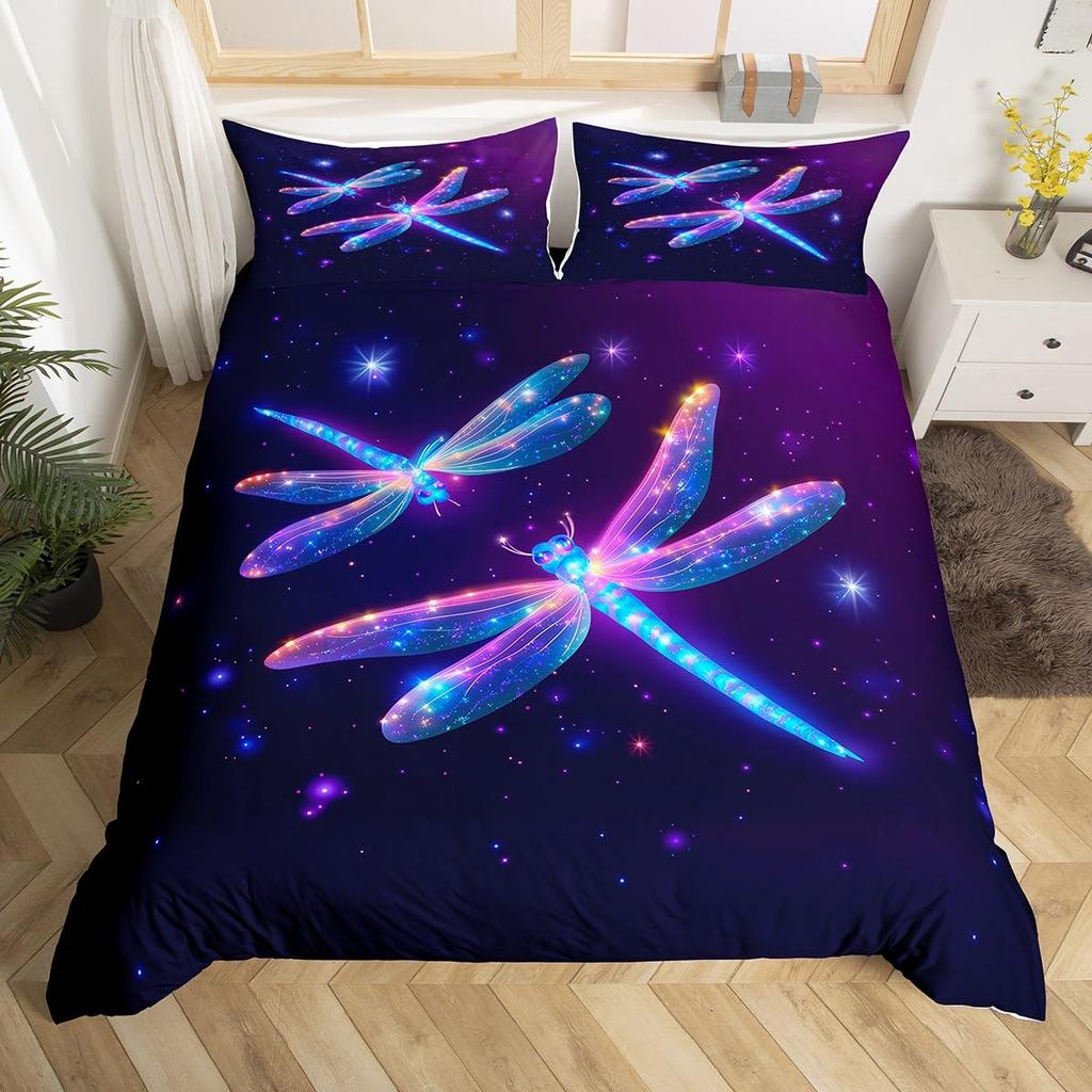 Comforter Colorful Dragonfly Women Kids Girls Floral Botanical Pattern Room Decor Bedding Set Queen King