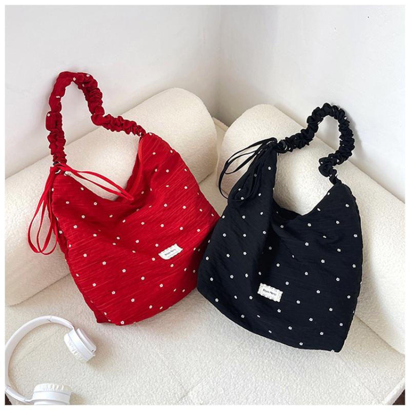Red Floral Canvas Shoulder Bag Adjustable Ruffled Strap Large Capacity For Commute Shopping Travel