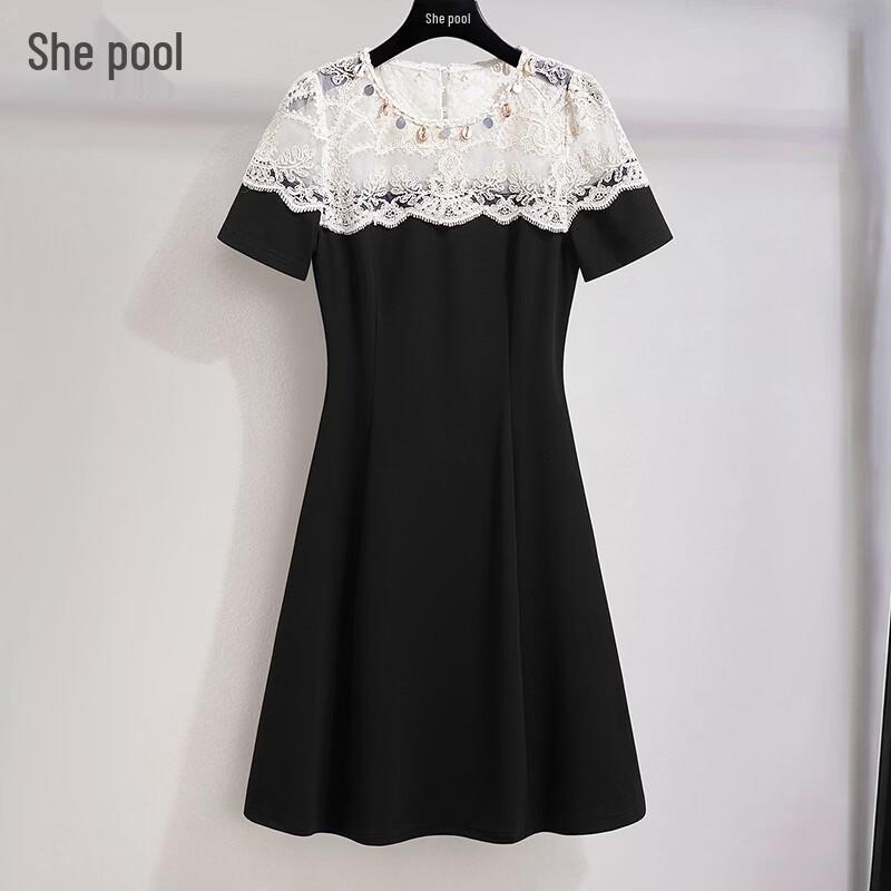 Ta Chi French Color-Block Embroidered Lace Short-Sleeve Midi Dress L