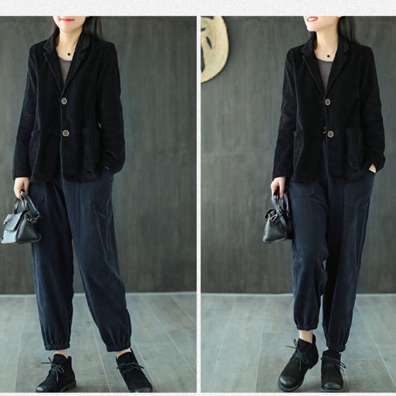 Harajuku Corduroy Jackets Korean Cute Solid Color Long Sleeve Lapel Neck Breasted Casual Double Pocket Cardigan Coat