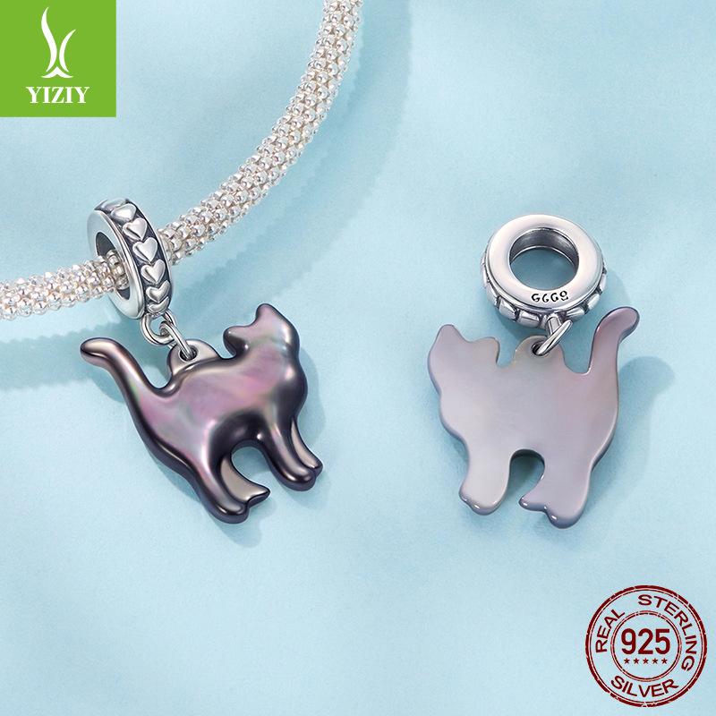 S925 Sterling Silver Fritillary Black Cat Pendant Accessories, Personalized Cat Diy Beads