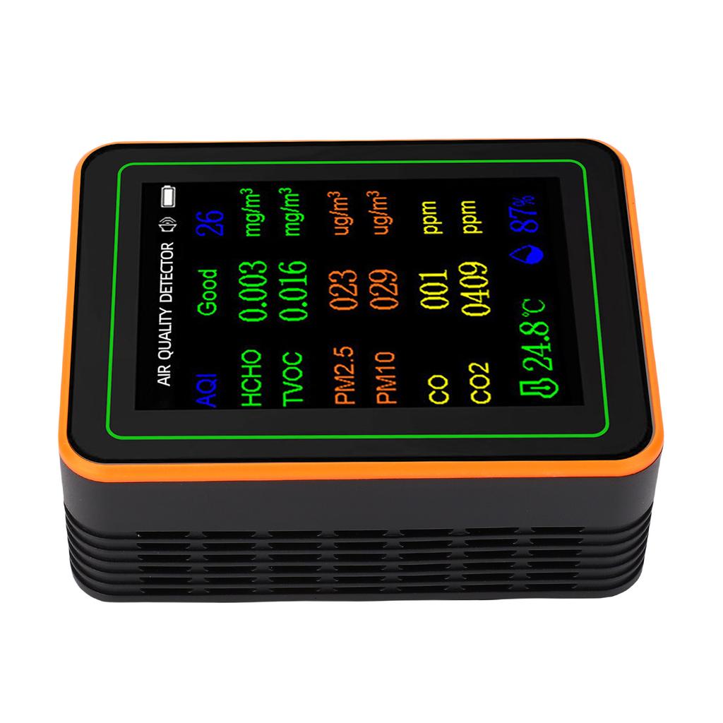 Air Quality Detector Index CO2 TVOC HCHO PM2.5 PM10 Temperature Humidity Tester TFT Color Display Curve Viewing Black
