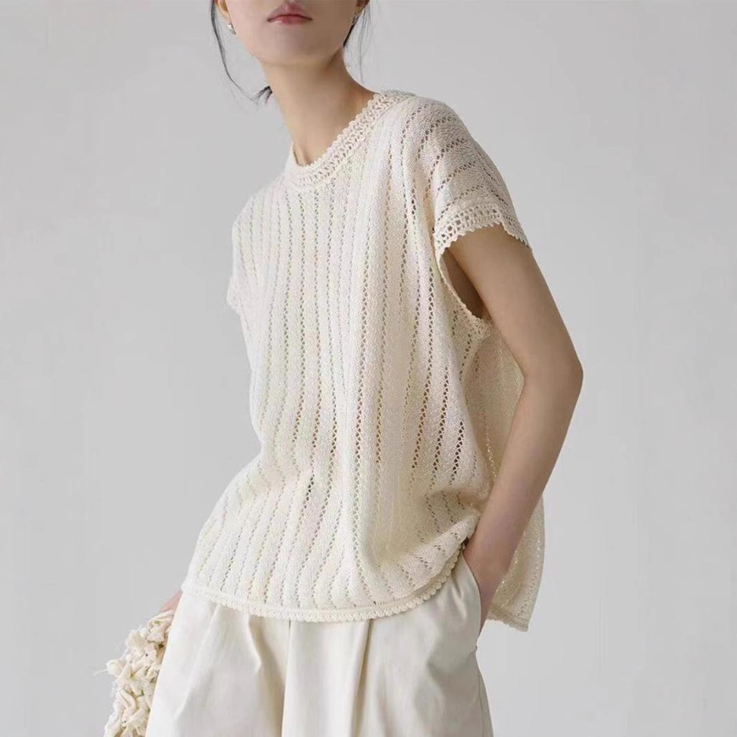 

Летняя свободная ажурная бежевая трикотажная футболка с коротким рукавом из ледяного шелка для женщин 3XL белый