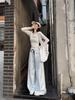 Women's Spring High-Waisted Wide-Leg Pants with Bowknot, Blue Stripes, Slim-Fit, Elastic Waist, Casual and Versatile Style.