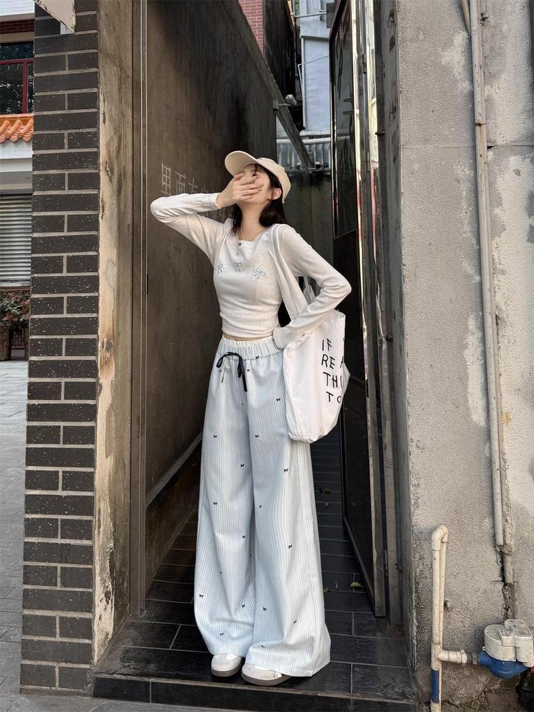 Women's Spring High-Waisted Wide-Leg Pants with Bowknot, Blue Stripes, Slim-Fit, Elastic Waist, Casual and Versatile Style.