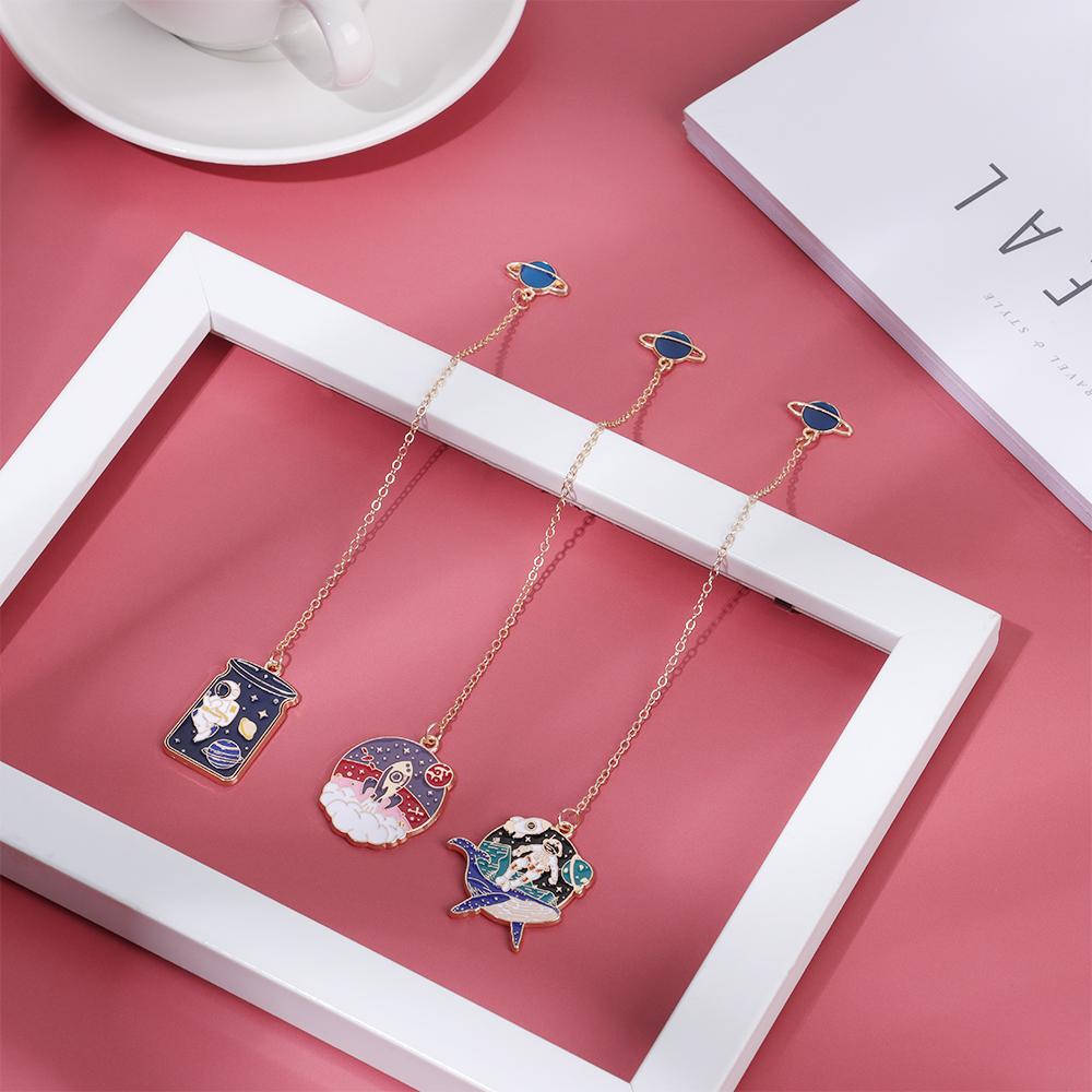 Astronaut Sakura Carp Bookmarks With Tassel Kids Stationery Gift Cartoon Metal Book Clip Pagination Mark School Office Supplies