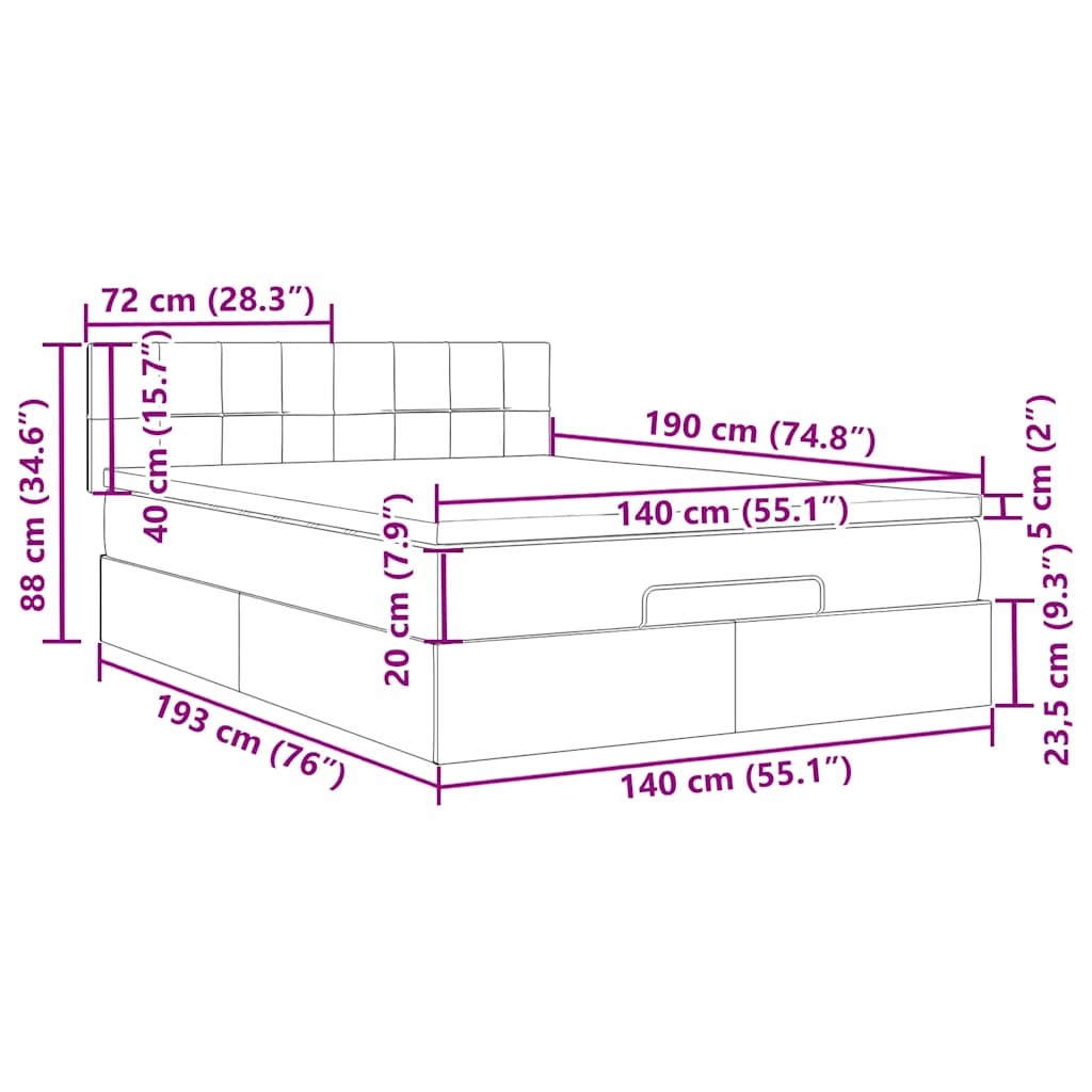 Ottoman Bed with Mattress & LEDs Pink 140x190 Cm Velvet