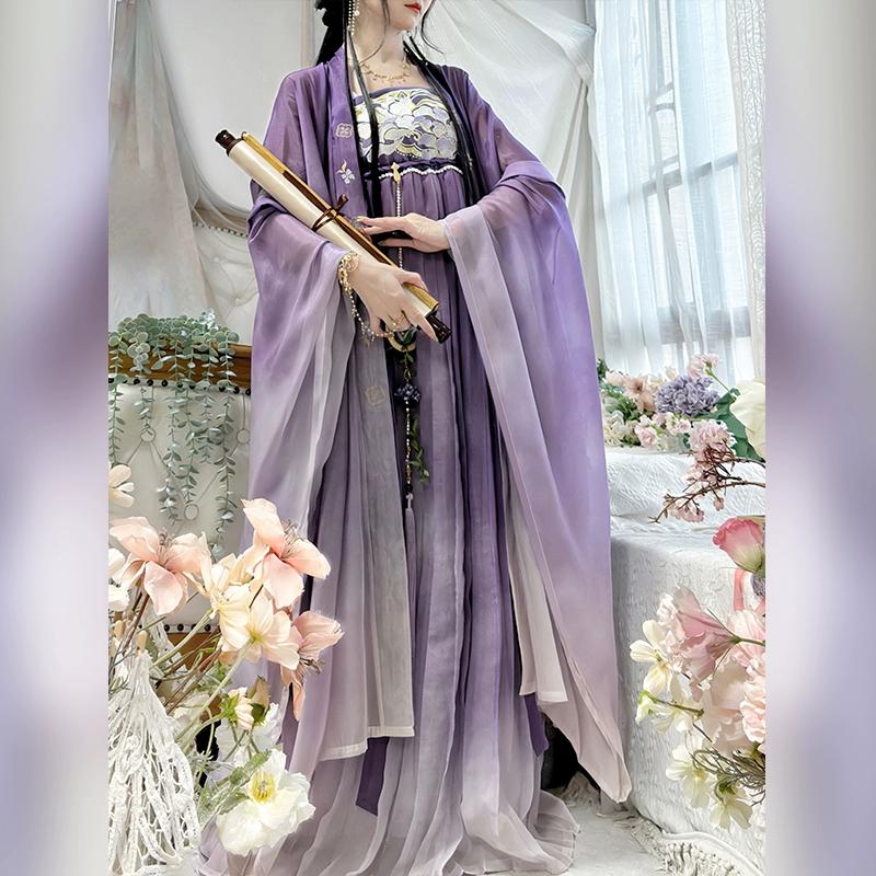 Hanfu Viola Stile Cinese per Donna, Abito HE ZI a Petto e Camicia a Maniche Larghe Ricamata Quotidiana