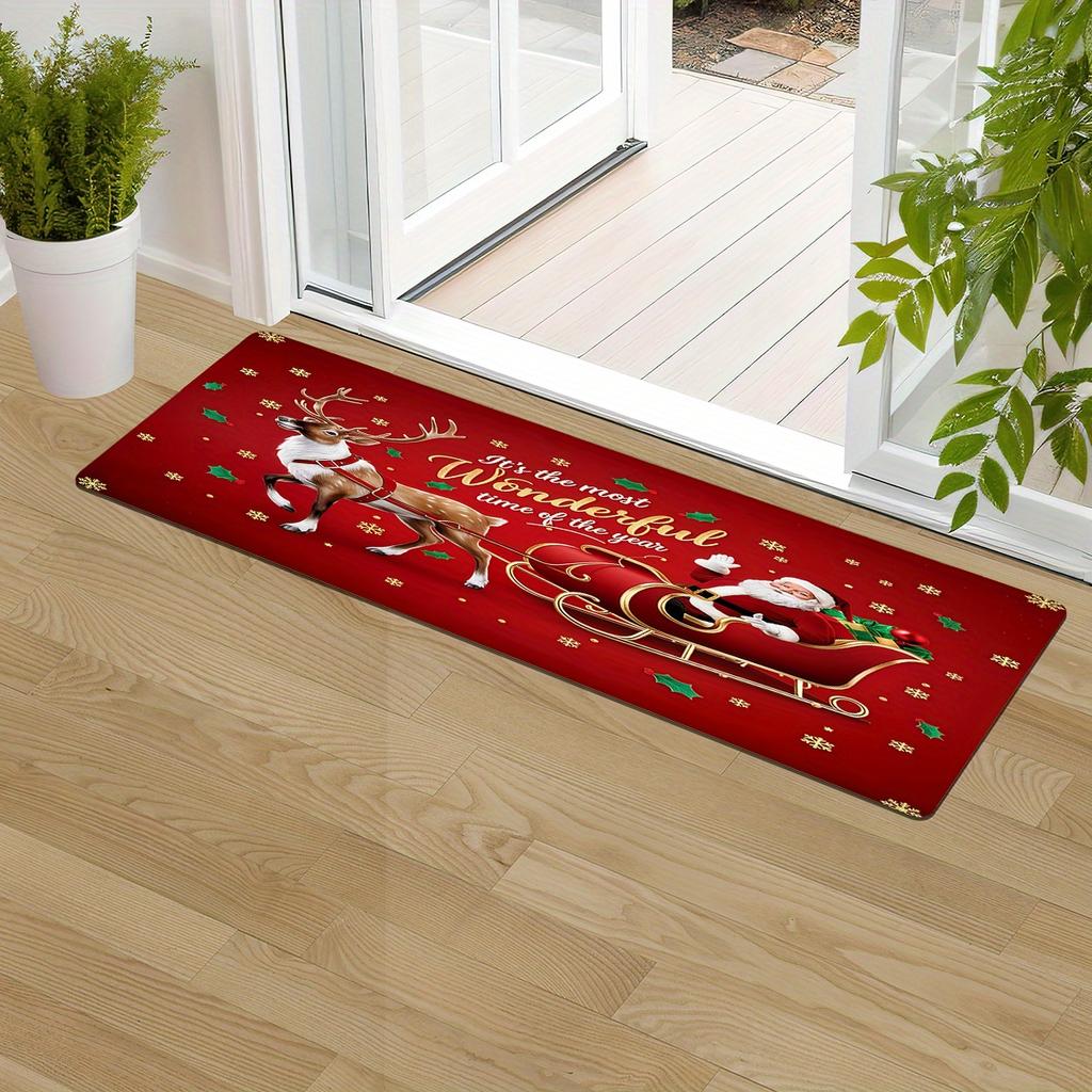1Pcs Christmas Kitchen Rug, Santa Claus Reindeer Print Floor Mat, Non Slip Washable Carpet, Holiday Decorative Rug for Kitchen Entryway Home Decor