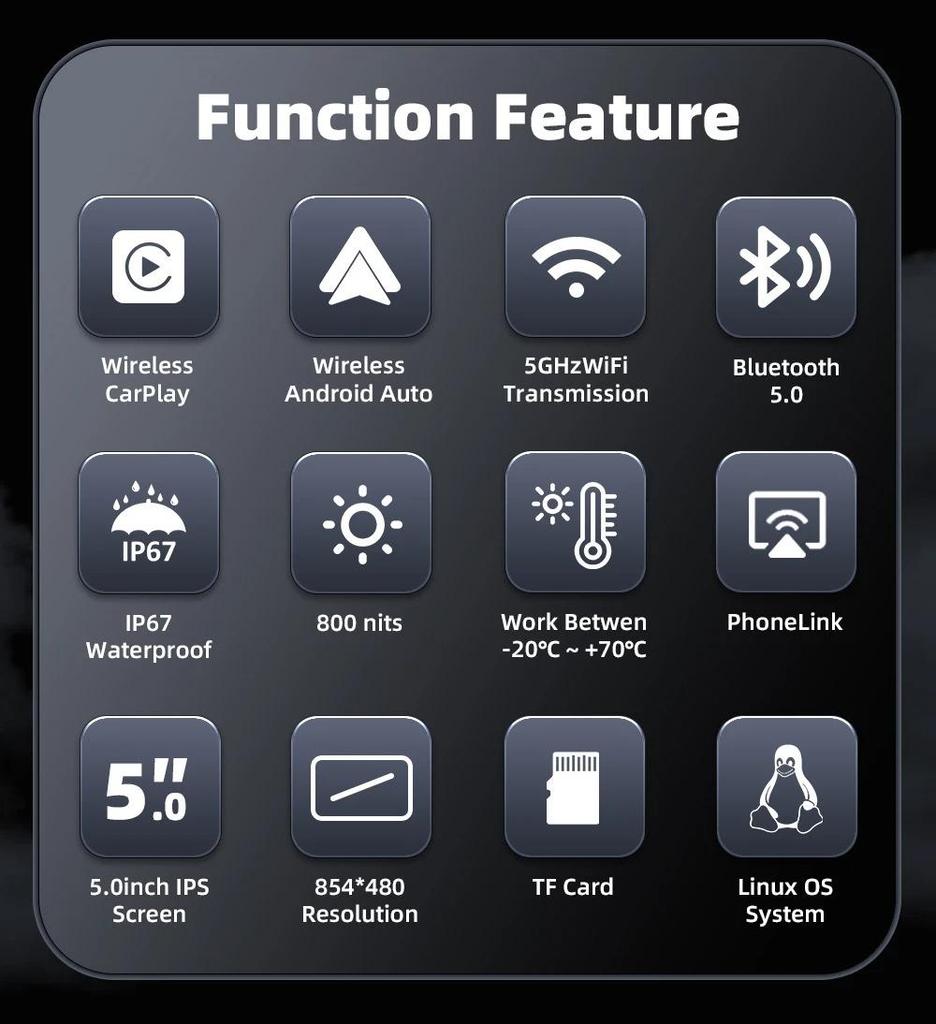 5 Inch Motorcycle DVR GPS Navigation Display Screen Portable Digital Dashboard Moto Wireless CarPlay & Android Auto Smart Box for Motorbike