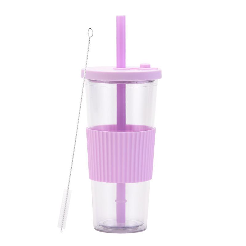 2025 Large Capacity Double Layer Plastic Cup Large Hole Straw Pearl Boba Milk Tea Cup Portable Outdoor Straw Cup