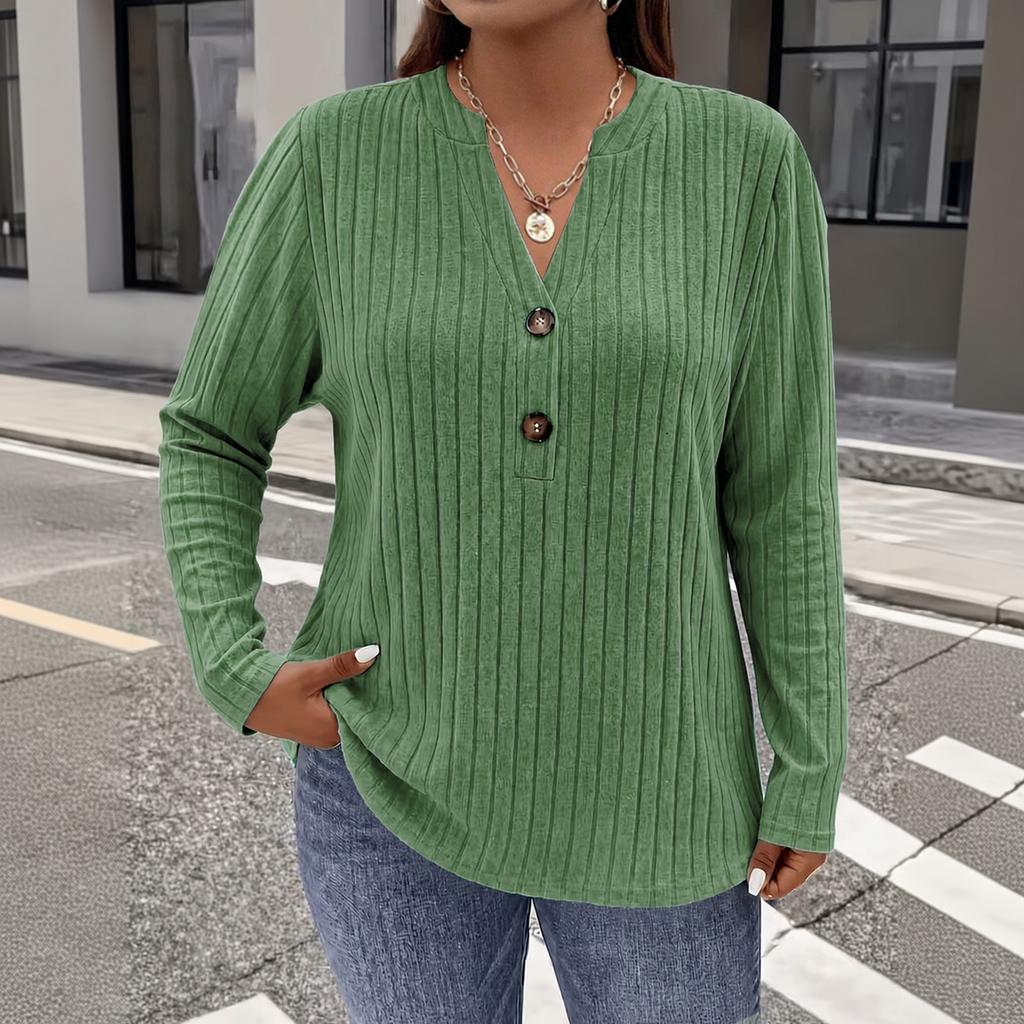 Damen Plus Size V-Ausschnitt Knopfleiste Langarm Stricktop T-Shirt für Freizeitkleidung