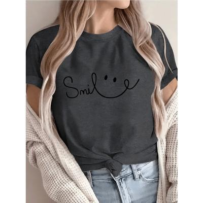 Women's Smile Print Tee Round Neck Short Sleeve Machine Washable Spring Summer Casual Comfortable Top