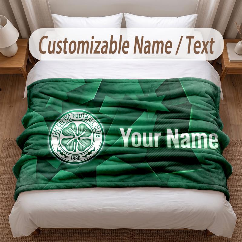 Celtic FC Printed Flannel Blanket Custom Name Text Soft Warm Throw For Bedroom Holiday Gift