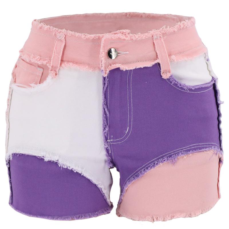 2024 Summer Women's Shorts Multi Color Panel Elastic Women's Denim Shorts