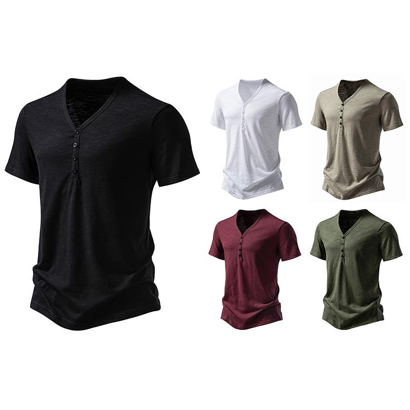 Men's Bamboo Cotton Buttoned V-Neck Short-Sleeve T-Shirt, European Size, Solid Color, Breathable, Simple Design