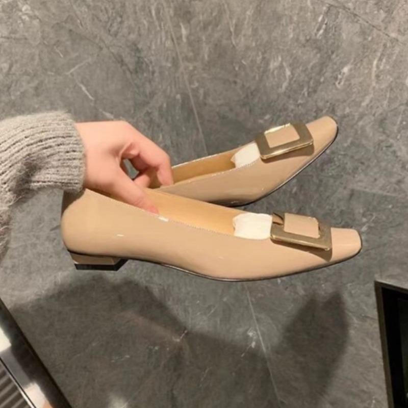 Fashion French Square Buckle Shallow Mouth Classic Flat Shoes Square Toe Patent Leather Temperament Women's Single Shoes New Style