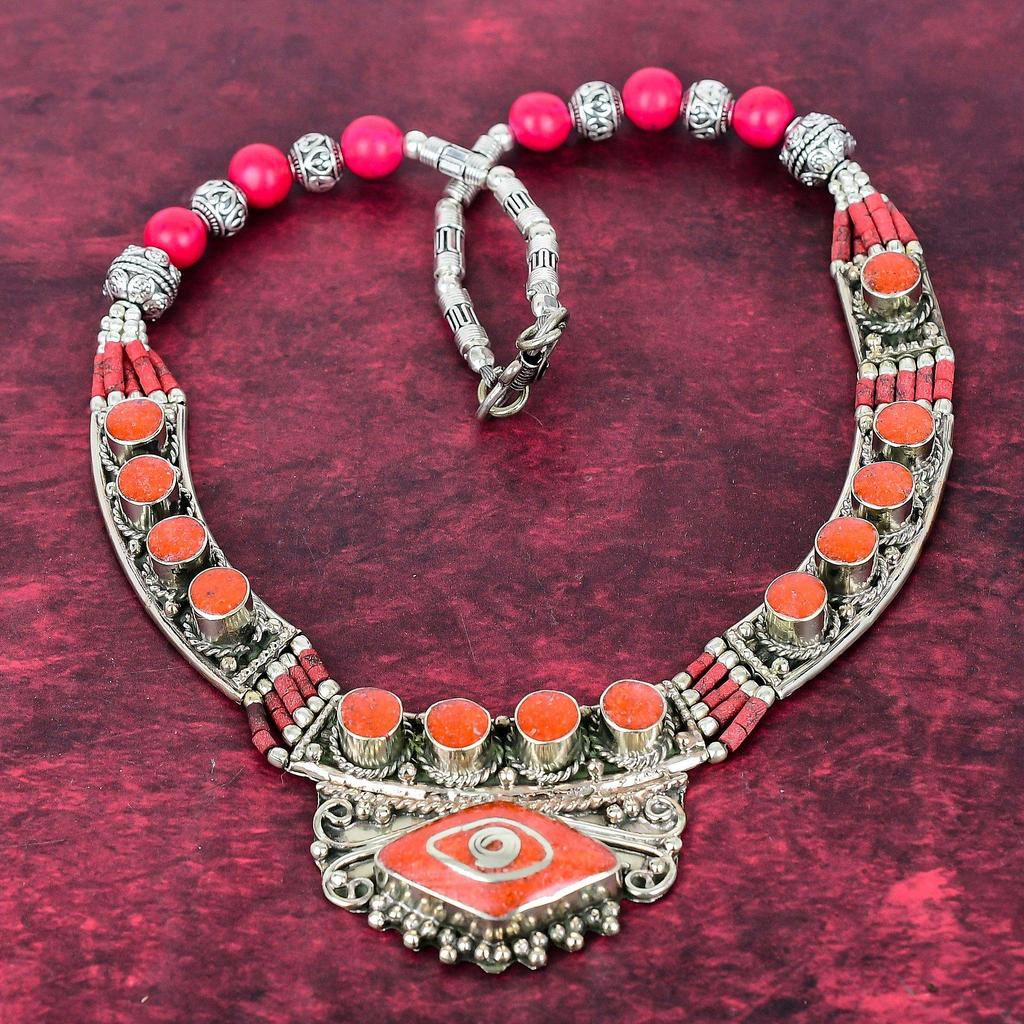 Coral Handmade Gemstone Nepali Necklace, 925 Solid Sterling Silver Antique Jewelry Adjustable Chain Necklace, For Engagement Gift