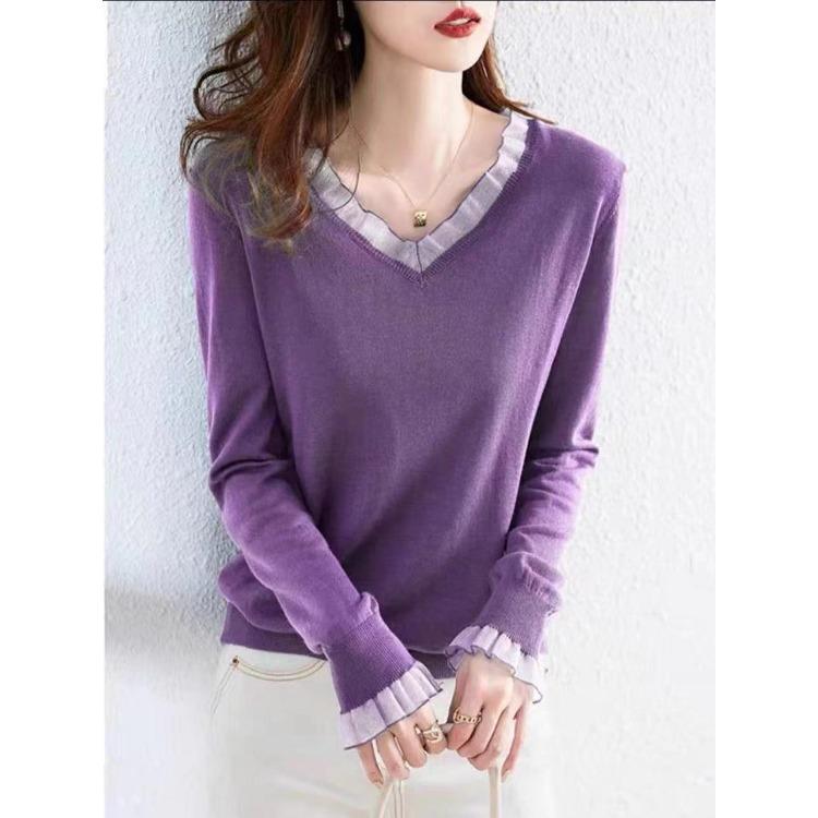 Loose V-neck Knitted Sweater Autumn Winter Solid Color Splicing Pullover Top