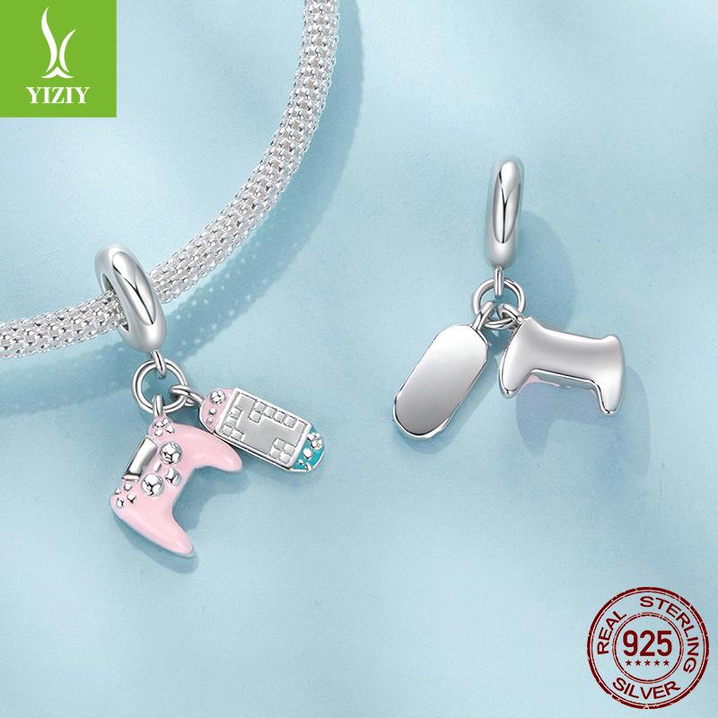 Pink Game Console Pendant Accessories, Charm Personality Sweet Cool Wind S925 Sterling Silver Diy Beads