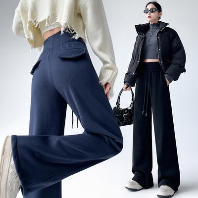 Graue Doppelbund Weitbein Hose für Damen im Herbst und Winter Plus Samt Verdickt Locker Lässig Hohe Taille Drapierter Gerader Sports Hose