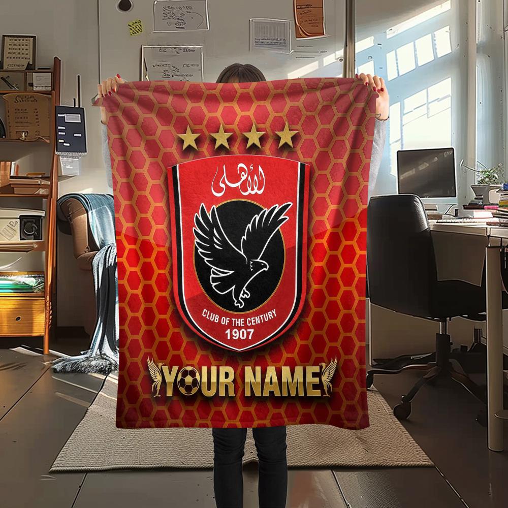 Custom Name Al Ahly SC Flannel Blanket, High quality Comfortable for All Seasons, Home Decor, Warmth and Comfort