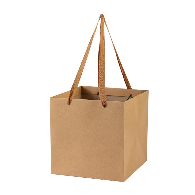 Kraft Paper Square Gift Bag with Handles Reusable Packaging Bags for Small Shopping Wedding Birthday Party Flower Bags Square Cake Tote Sacks 10pcs