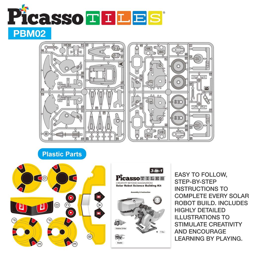 PicassoTiles STEM Kids Solar Power Dinosaur Robot Educational Learning Engineering Building Toy 3 In 1 Creative Unique Transformation Renewable Solar