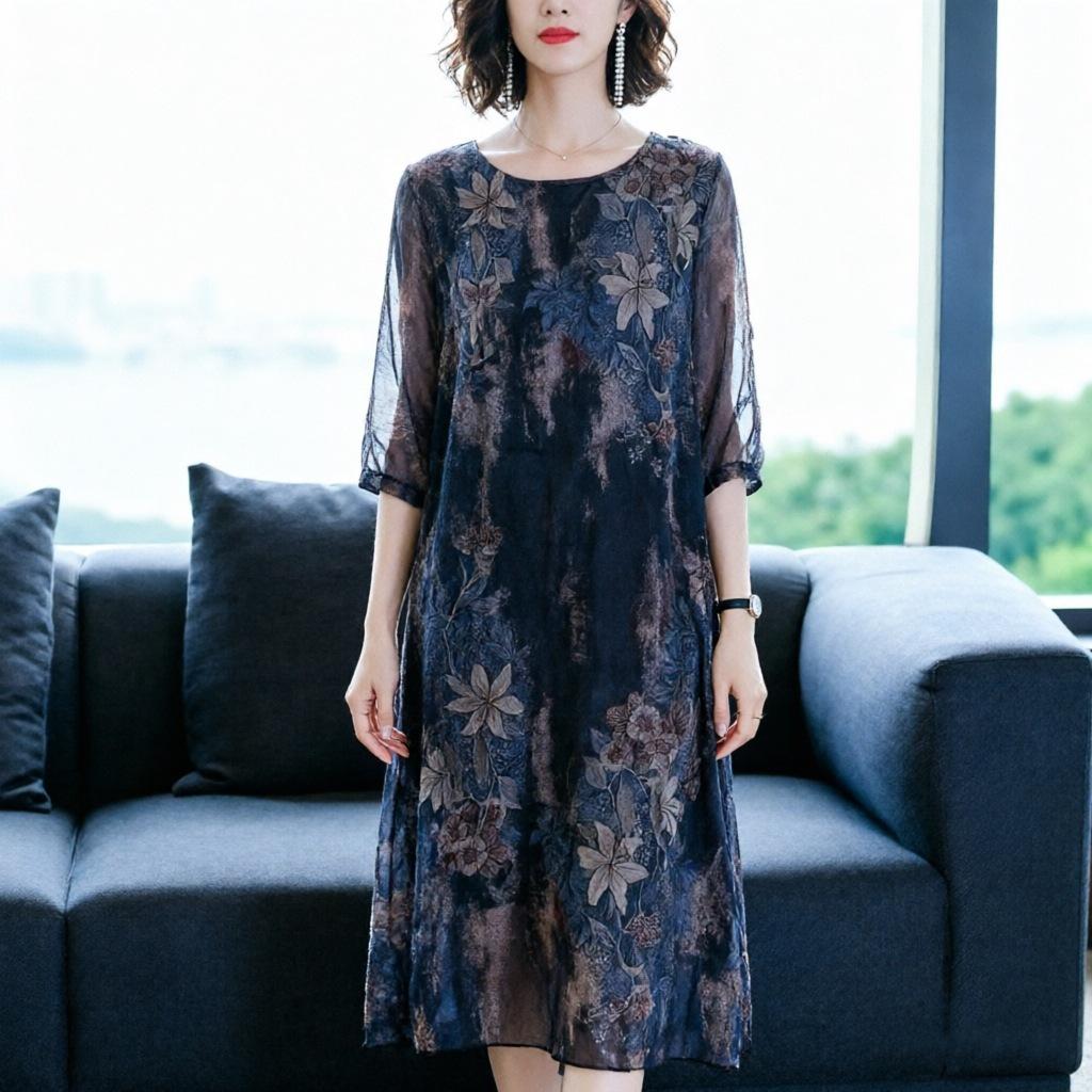 Middle-aged mother mesh dress 2026 summer new large-size women's clothing medium and long loose belly covering and thin skirt