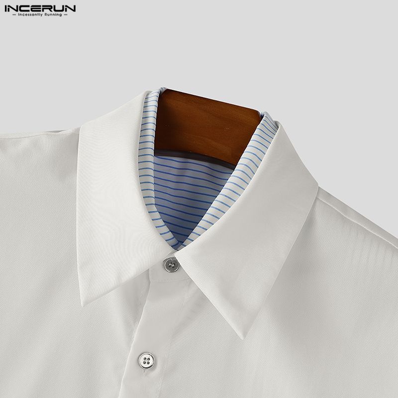 INCERUN Men Lapel Neck Short Sleeve Striped Print Oversized Shirts Tops