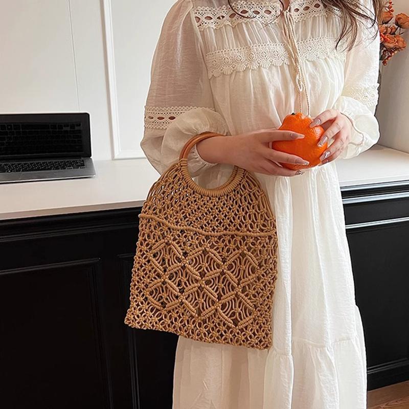 New Wooden Handle Rattan Handle Solid Color Hollow Handmade Cotton Rope Woven Bag Seaside Vacation Handbag Straw Bag
