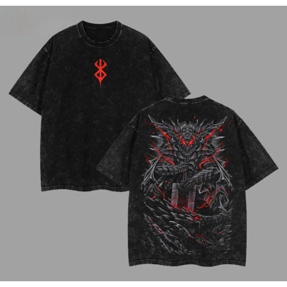 Berserk Guts (Black Swordsman) & Brand of Sacrifice Vintage Washed Double-Sided Anime T-Shirt, Unisex Dark Fantasy Manga Fan Streetwear Tee