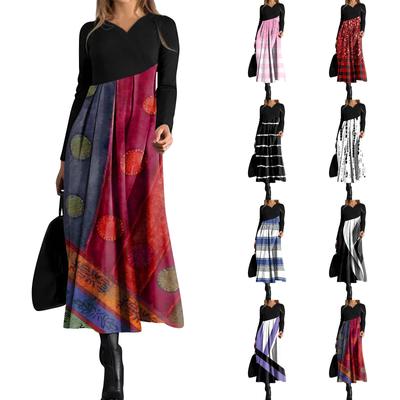 Lässiges, langärmliges Kleid mit V-Ausschnitt und Aufdruck für Damen, lockeres und übergroßes Kleid